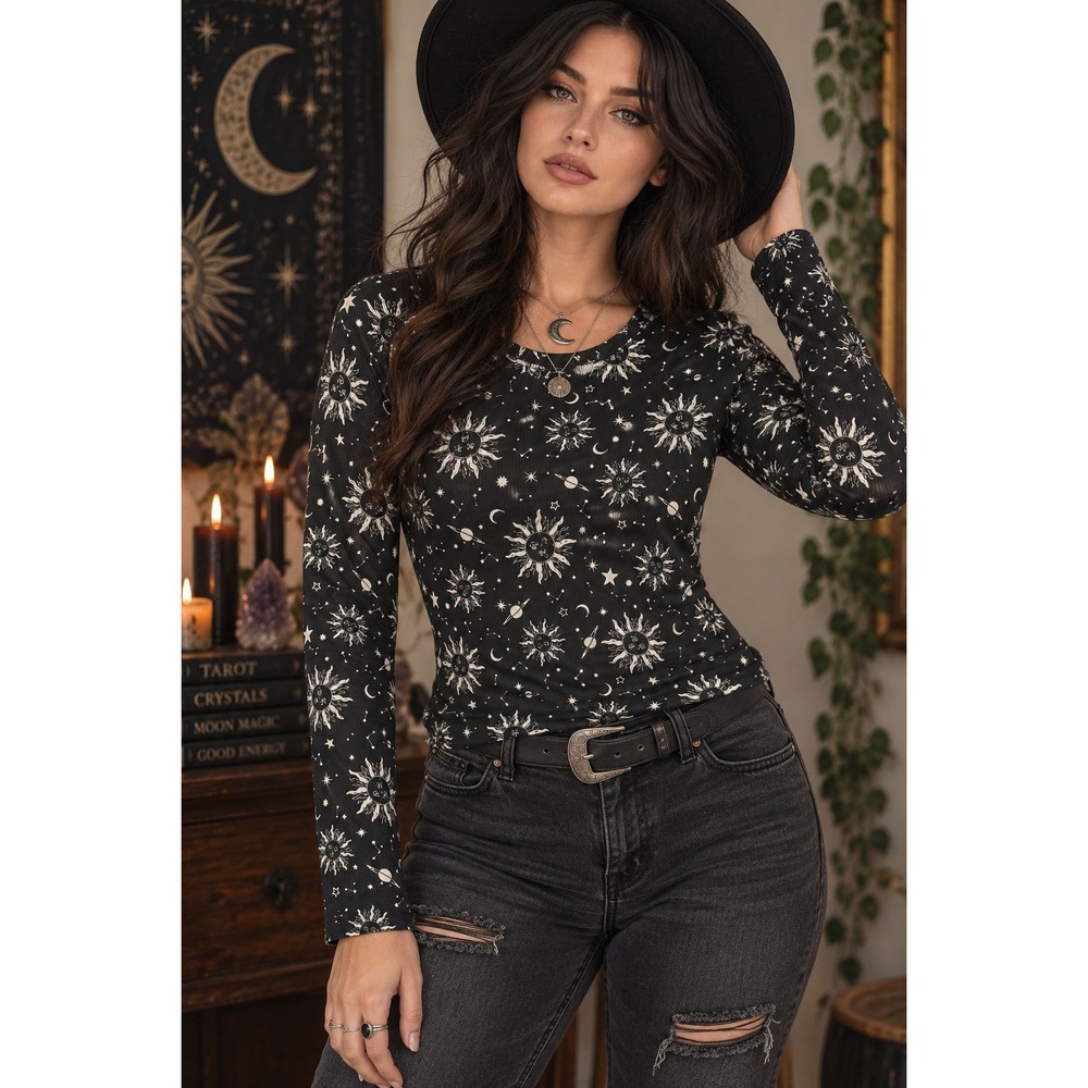 Whimsigoth Celestial Sun Moon Stars Ribbed Top Black Juniors XXL No Boundaries